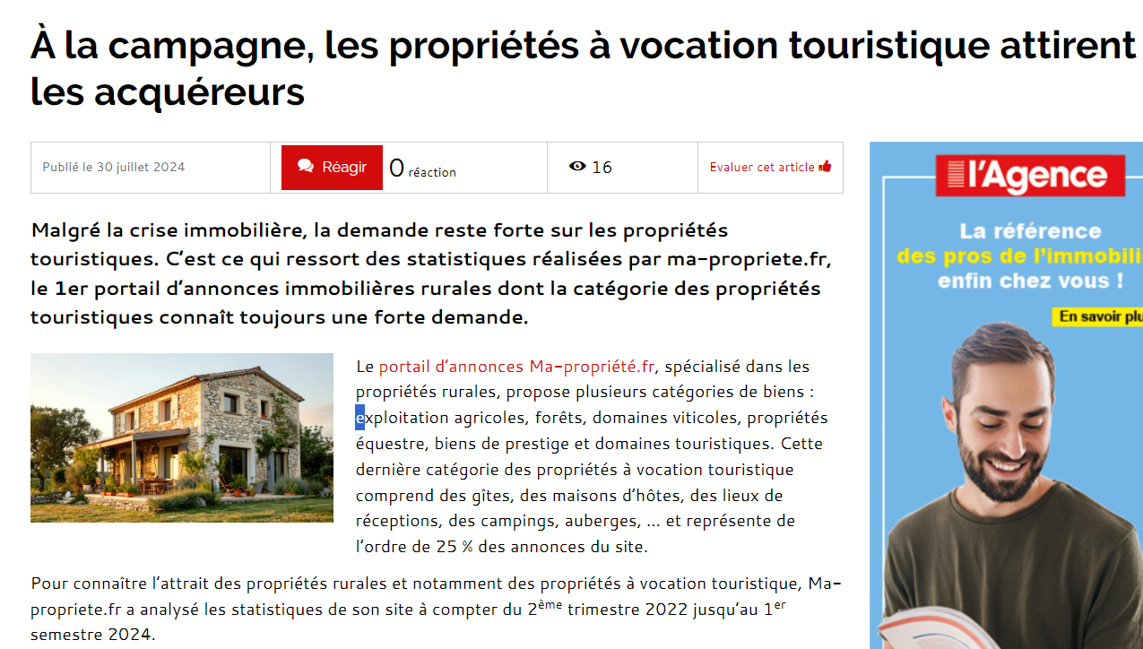 Article Le Journal de l'Agence - 30 juillet 2024 - ma-propriete.fr